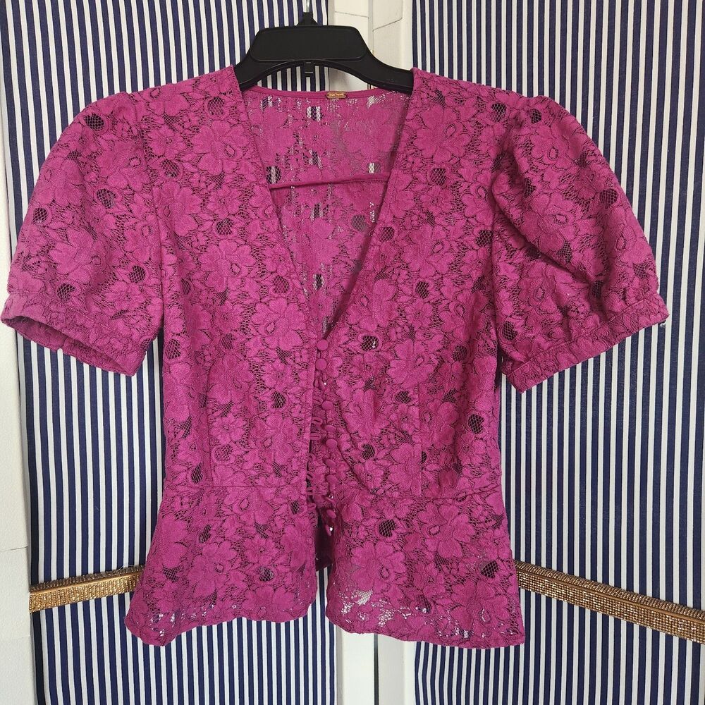 Free People Fuchsia Pink Floral Lace Peplum Top Size S